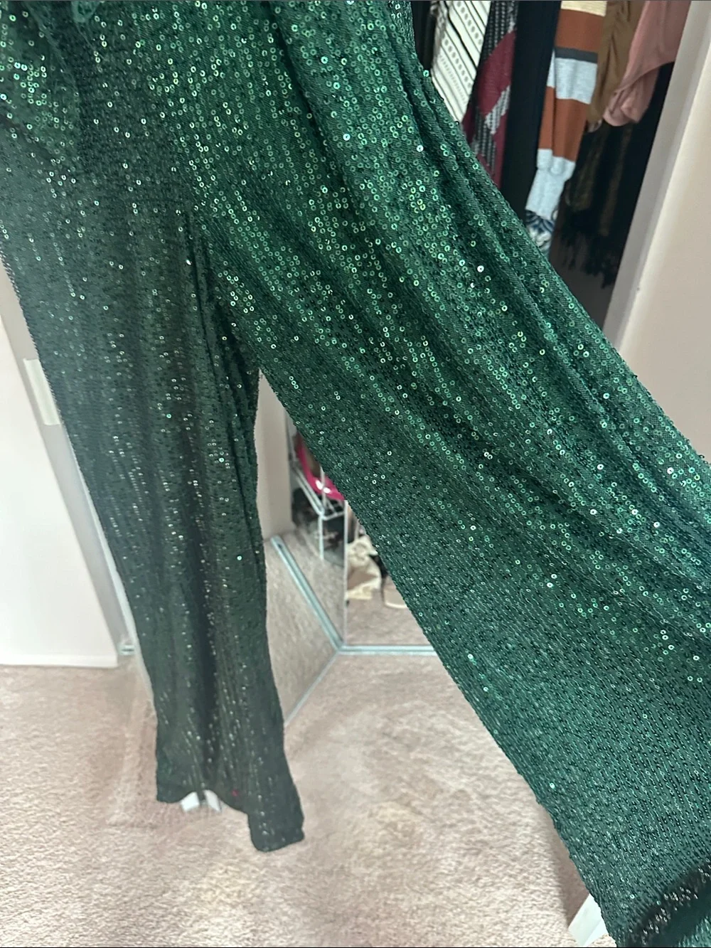 Fashion Nova Emerald Green Sequin Wrap jumpsuit